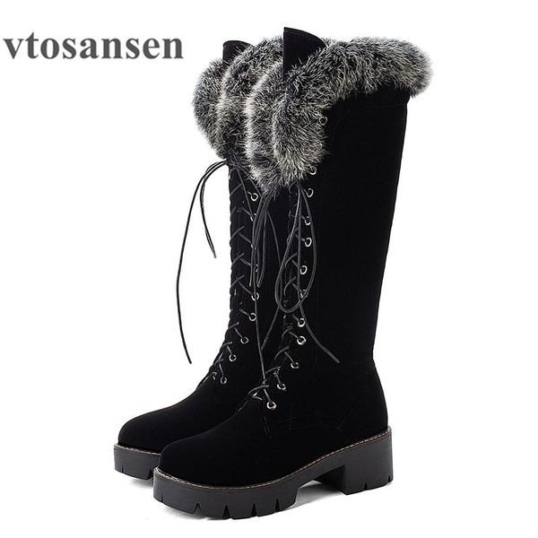 

2021new lace-up winter shoes women snow boots real fur boots women knee high suede thick heel warm outdoor with zip big size 43, Black