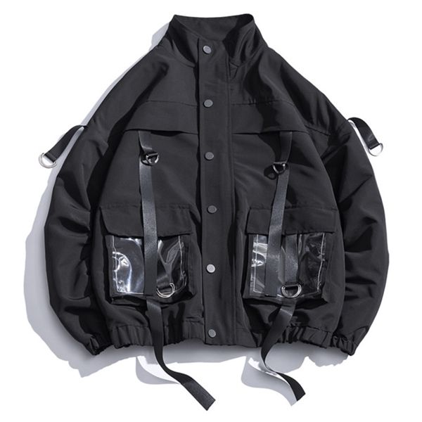 

2020 men harajuku coats casual windbreaker ribbons pockets men's overalls bomber jacket hip hop streetwear man outwear c1212, Black