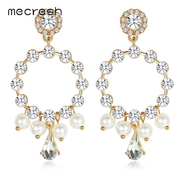 

Mecresh Fashion Earrings Cute Simulated Pearls Bridal Drop Earrings Silver Color Crystal Round Christmas Gift Dangle EH1149
