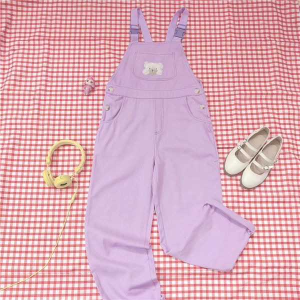 

japanese kawaii high waist pants women trousers korean street loose purple overalls harajuku soft girl cute bear jumpsuit romper, Black;white