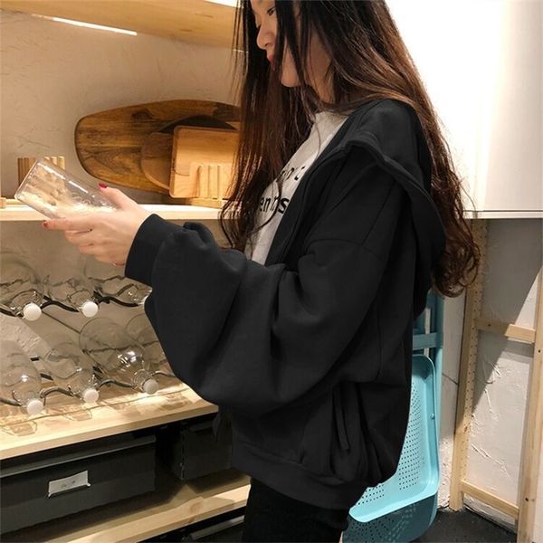 

autumn winter velvet oversize hoodies women zip-up sweatshirt harajuku streetwear loose cotton clothes korean style 201203, Black