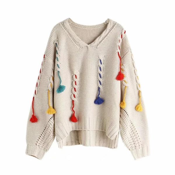 

women's sweaters 2021 spring autumn winter style retro corded tassel lazy v-neck loose pullover sweater, White;black