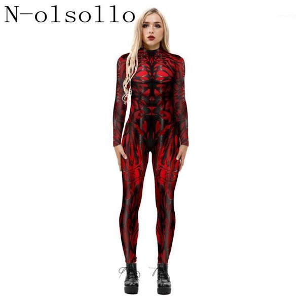 

women's jumpsuits & rompers n-olsollo 2021 halloween muscle 3d printed red skeleton bones cosplay high neck zipper bodycon bodysuits1, Black;white