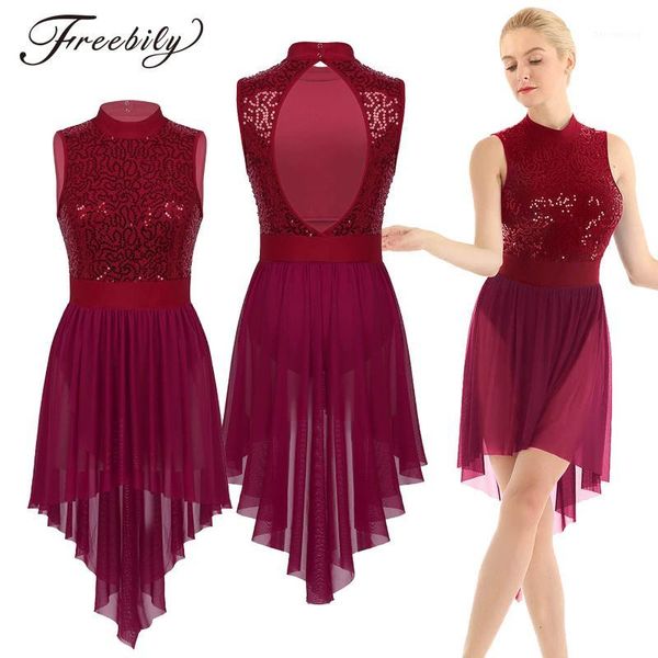 

women halter sleeveless shiny sequined high low mesh gymnastics leotard skating ballet dance dress lyrical dance costumes1, Black;red