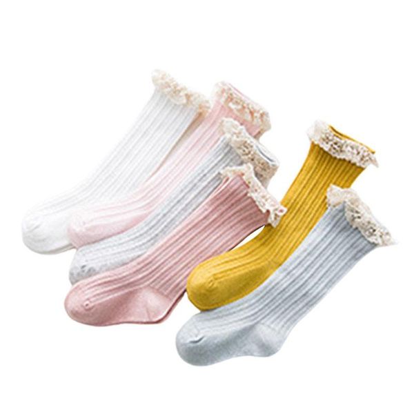 

socks autumn baby boys girls stockings outfits 1-8y ruffles flowers solid cotton sweet lace decoration knee-high, Pink;yellow