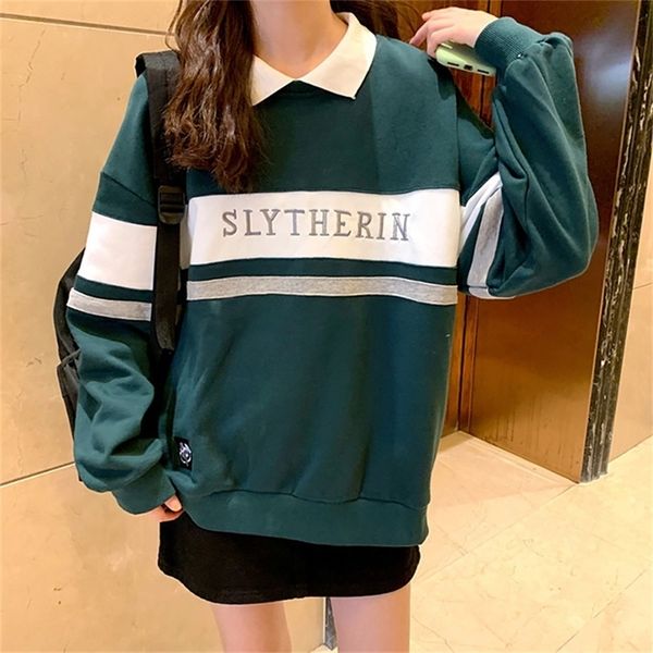 

polo collar stitching sweatshirt women contrast color fake two-piece green coat letter harajuku print pullover female white 201212, Black