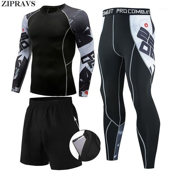 

men's tracksuits 3 piece set zipravs brand fitness clothing gym compression shirt suit quick-drying running sportswear fitness1, Gray