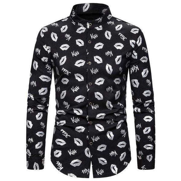 

men's casual shirts shirt men clother plus size s-2xl long sleeve mouth print dress autumm hawaii male camisa masculina, White;black