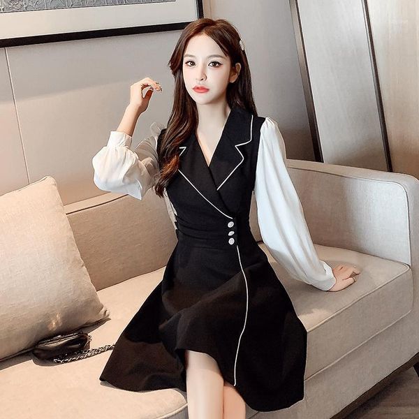 

make spot new dress in the autumn in the black suit skirt long show thin waist stitching1, Black;gray