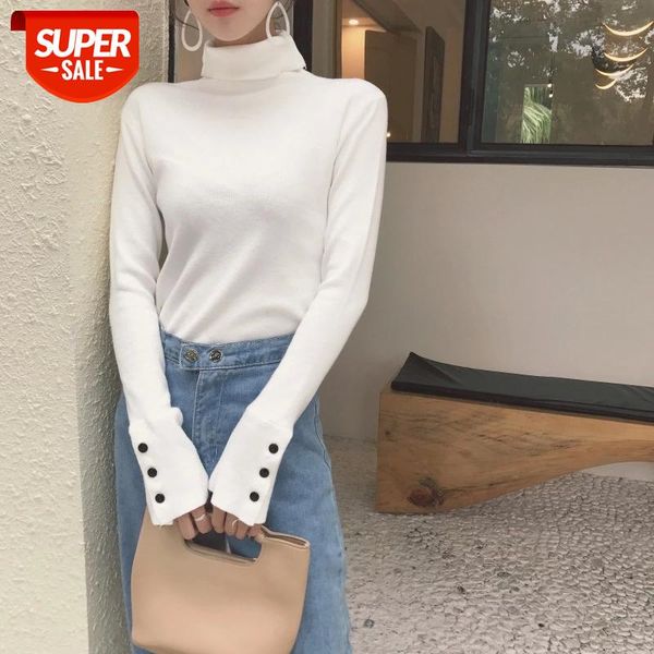 

normov fashion women white turtleneck long sleeve with button cotton pullovers casual feminino #nu6q