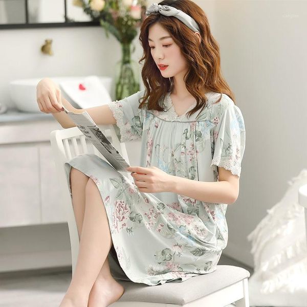 

plus size women's floral sleepwear short sleeve nightdress negligee summer modal cotton nightgown casual nightshirt home dress1, Black;red