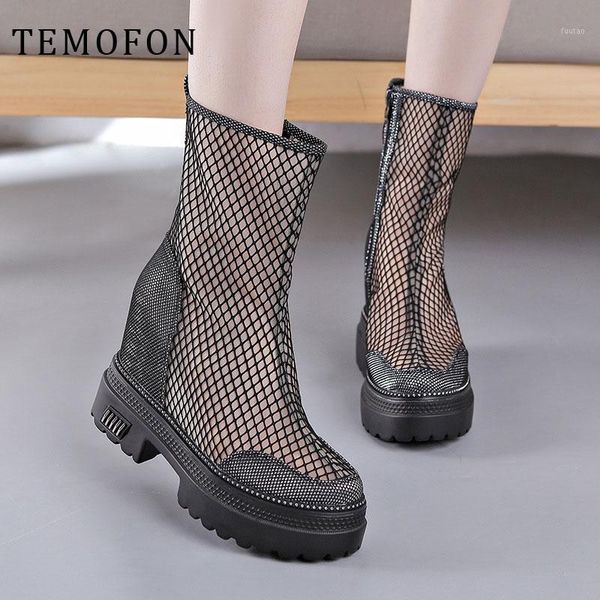 

women boots platform mid calf woman round toe shoes height increasing autumn winter female hvt13771, Black