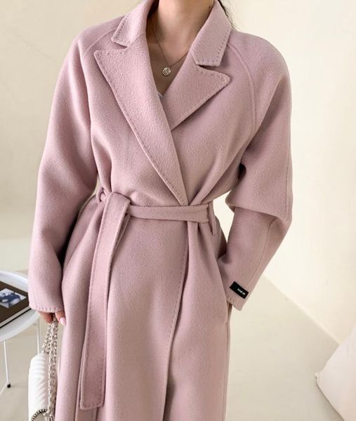 

women elegant long wool coat with belt solid color long sleeve chic outerwear ladies overcoat autumn winter, Black