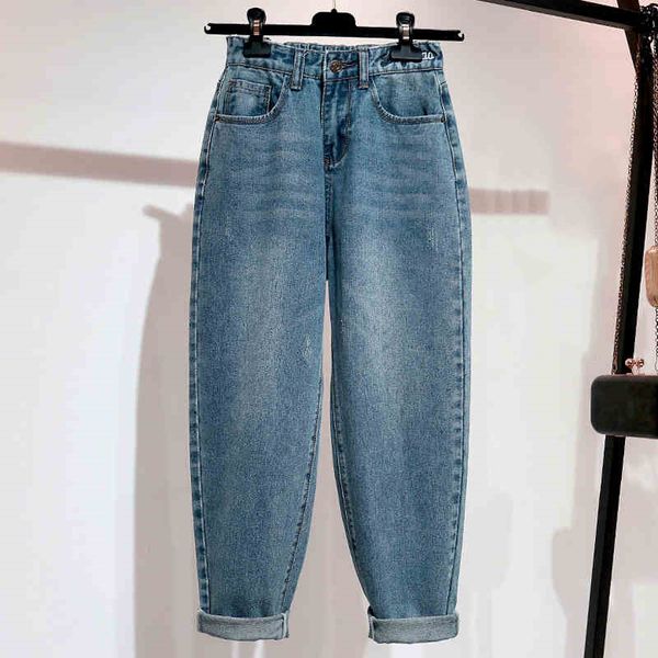 Cintura jeans bordada mulher alta cintura mais tamanho solto de comprimento total mãe jeans retro azul harem denim calças lj201013