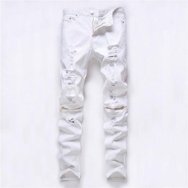 

wholesale- gmancl red white black ripped denim pants knee hole zipper biker men jeans distressed skinny destroyed torn cotton jeans1, Blue