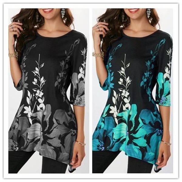 

plus size women female floral print t shirt spring summer casual half sleeve o-neck irregular t shirt large size 5xl top, White