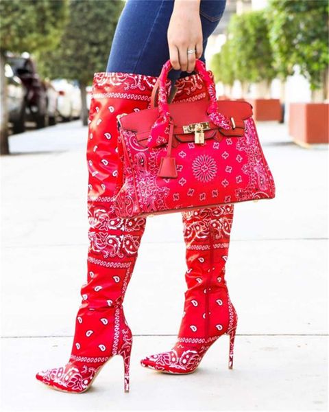 

womens over the knee thigh high boots winter retro print boots zipper shoes luxury pointed toe heel party wedding designer boots new f112301, Black;grey