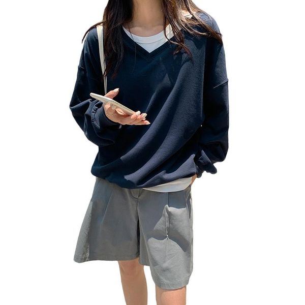 

women's hoodies & sweatshirts oversize v neck brushed inside women pullover cotton navy blue, Black