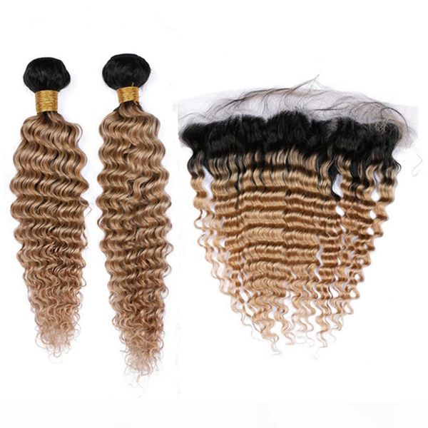 

honey blonde ombre deep wave 2bundles indian virgin hair with frontal closure #1b 27 light brown ombre 13x4 full lace frontal with weaves, Black;brown
