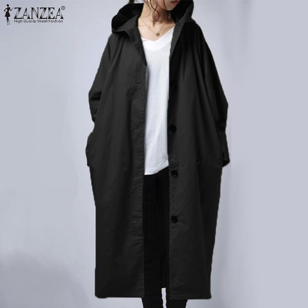 

2021 zanzea women solid thin coats autumn windbreaker hooded buttons loose jackets outwear robe winter full sleeve hoodies coat, Black;brown