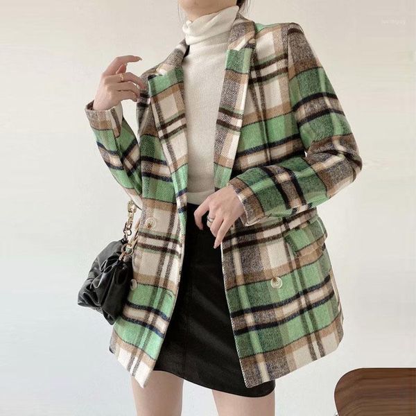 

vintage plaid double breasted woolen suit jacket women's 2020 autumn new loose casual long sleeve female suit coat autumn 20201, White;black