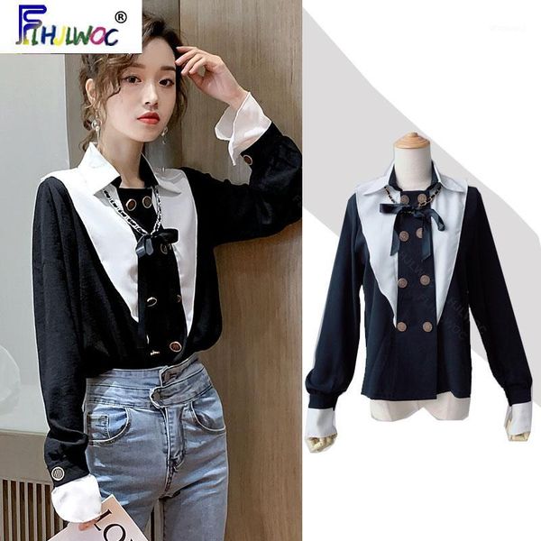 

fashion women long sleeve spring basic wear patchwork black white elegant office lady button bow tie blouse shirts 20201