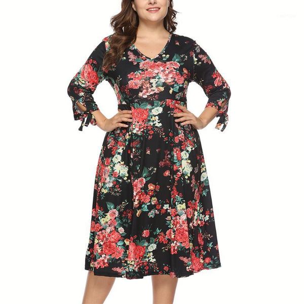 

female large size floral printing dress elegant office ladies dresses vintage 3/4 sleeve clothing fashion retro v-neck vestidos1, Black;gray