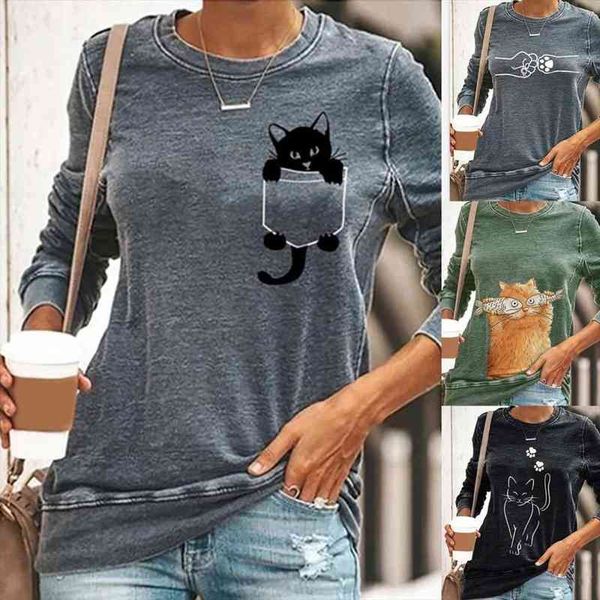 

women blouses cute cats print polyester long sleeve round neck pullover casual shirt blouse womens clothing, White