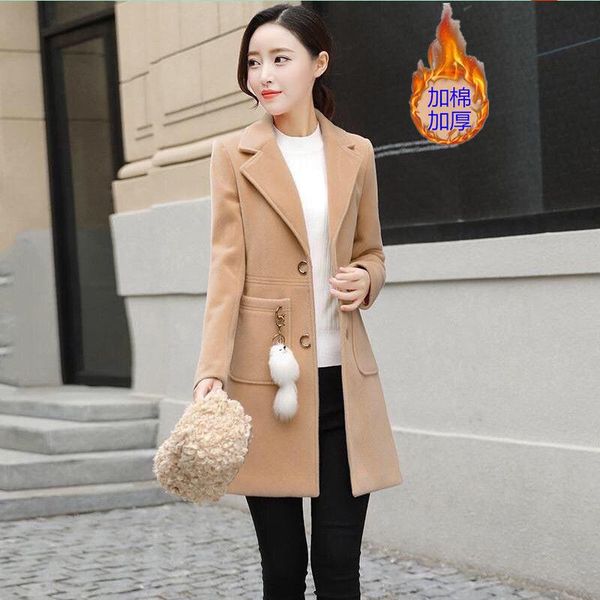 

women's wool & blends winter coat slim add cotton woolen with/no accessory thick long women plus size blend coats and jacke, Black