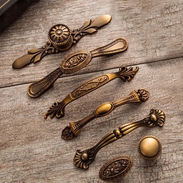

2 pcs yellow bronze door handles noble antique drawer pulls vintage kitchen cabinet handles and knobs retro furniture handles