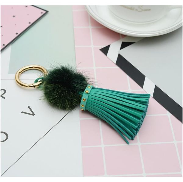 

real mink fur ball key chain with pu leather tassels for women bag key ring holder jewelry pendant neh812 f sqcpfh, Silver