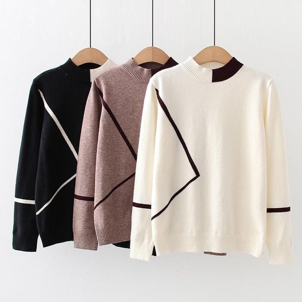 

2020 casual woemn sweater half high collar geometric pattens winter bottom lady pullovers all basic knitted shirt women1, White;black