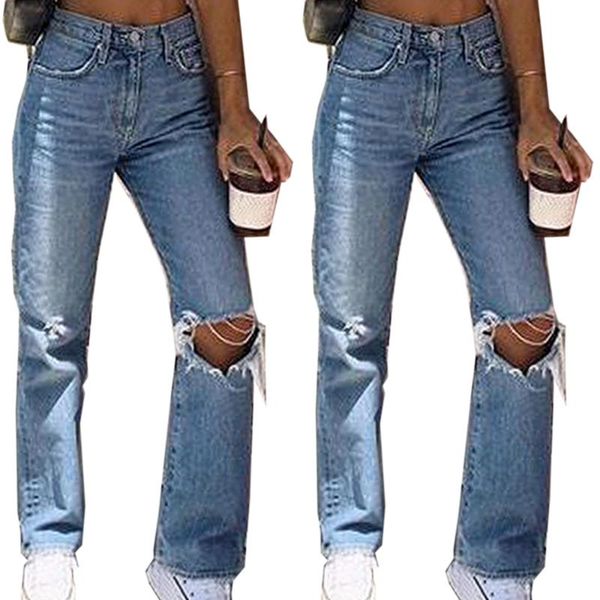 

vicabo women high waist ripped jeans knee hole denim baggy casual frayed trousers long pants 2020 streetwear, Blue