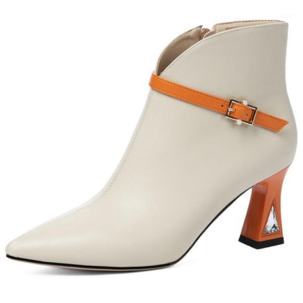 

fanyuan autumn winter pu leather ankle boots hoof high heel women shoes pointed toe buckle zipper short boots big size 34-431, Black