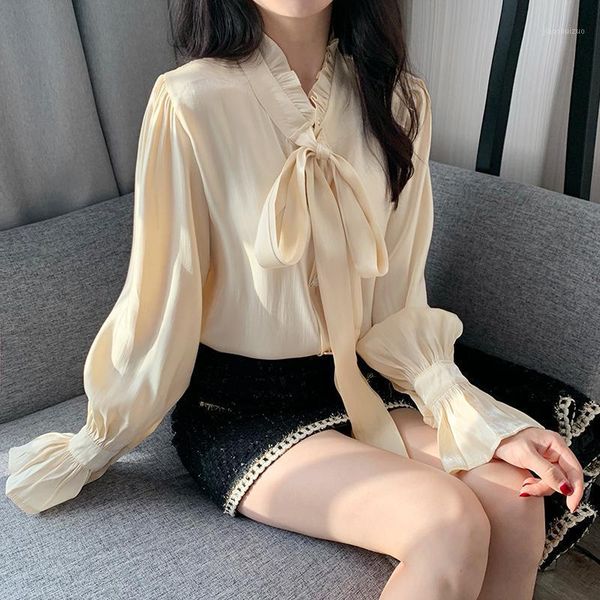 

spring and autumn 2021 new bow shirt women's small fragrance long sleeve retro design1, White