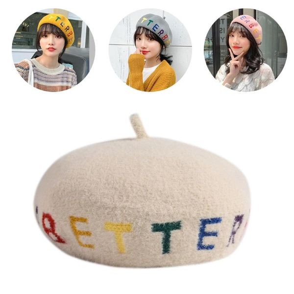 

women autumn faux wool beret cap rainbow letters embroidery painter pumpkin hat xx9d berets, Blue;gray