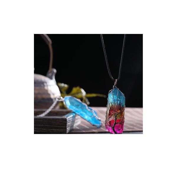 

vintage reiki natural stone crystal pendant necklace women men wire wrap tree of life pendants pendulum gems rainbow jllpgv, Black