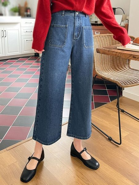 

dazy patched pocket wide leg jeans 79ag#, Blue