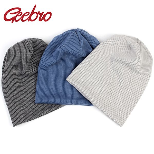 

geebro new women stretch ribbed slouchy beanies hat men winter autumn baggy cotton striped knitted skullies gorros caps y201024, Blue;gray