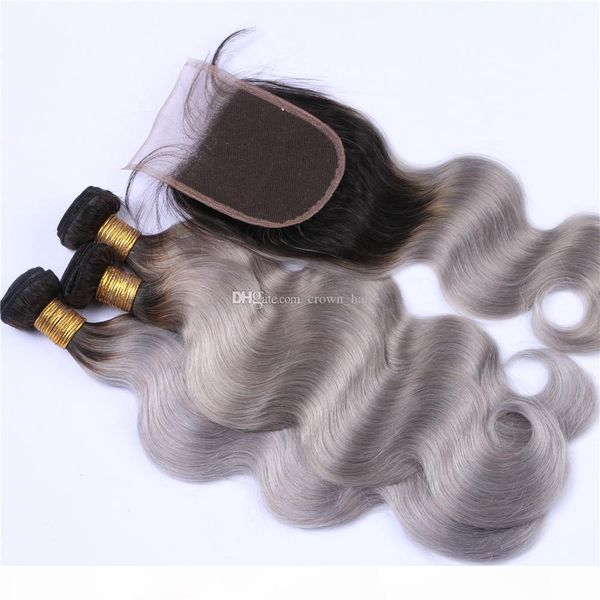 

selling body wave human hair weaves withclosure dark roots 1b grey human hair 3 bundles with lace closure, Black