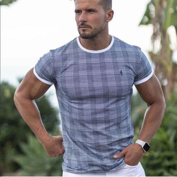 

2021 summer new men plaid casual t-shirt cotton breathable round neck fashion men's bodybuilding slim casual tshirt male tee top, White;black