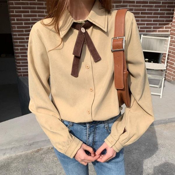 

autumn solid vintag womens blouses with bow tie office ladies long sleeve turn-down casual temperament cardigan shirt, White