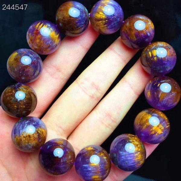 

natural cacoxenite 15.5mm rutilated quartz purple men's gold bracelet bright round crystal beads certified aaaaaaa figx, Black