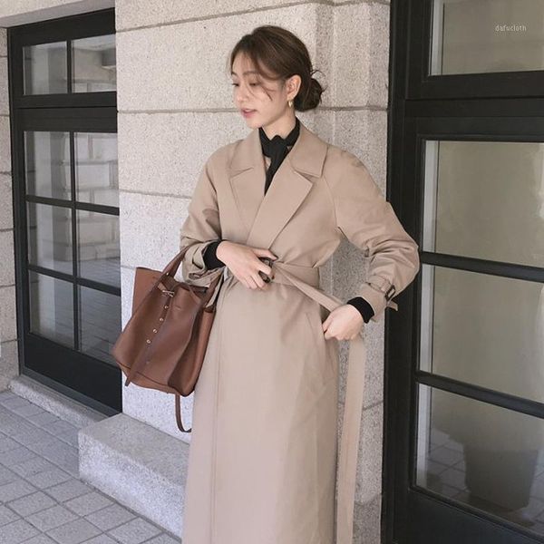 

korean women autumn winter khaki vintage long bandage trench coat slim waist notched collar windbreaker elegant cloak1, Tan;black