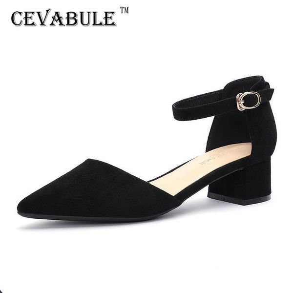 

cevabule 4cm 2021 spring new women's shoes word buckle hollow suede single shoes heel with thick heel pointed heels women yzh, Black