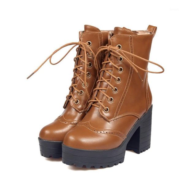 

boots lace up women fashion thick heel mid calf boot female platform rubber design non slip wear resistant 5801, Black