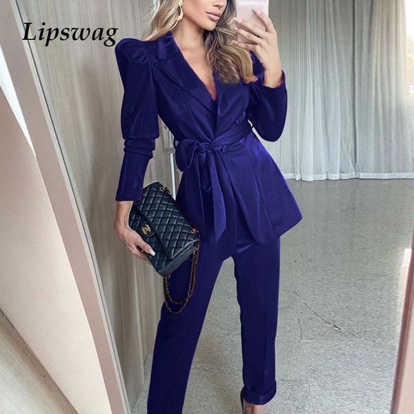 

elegant office ladies blazers suits 2 piece set 2021 spring fashion lace-up belt jacket and pants set women chic classic outfits, White