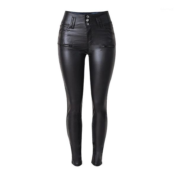 

autumn and winter high waist 3 buckle slim slimming imitation leather feet pants pu wild large size fashion casual pants k1701, Black;white