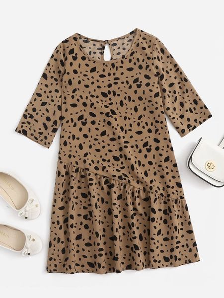 

girls dalmatian print ruffle hem keyhole back dress she, Red;yellow