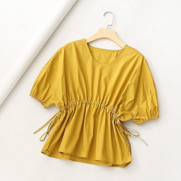 

sweet women new summer cotton blouses korean elegant o neck short puff sleeve waist lace-up drawstring cute shirt for girls1, White